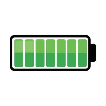 Green battery icon with segmented bars showing a high power level. vector