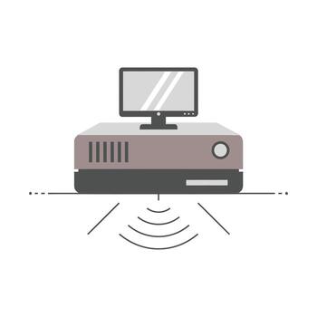 un plano diseño icono de un computadora servidor con un monitor ilustrando datos transmisión y red conectividad. vector