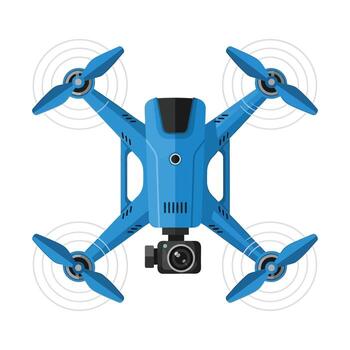 Modern blue quadcopter drone with a camera isolated on a white background top view. vector