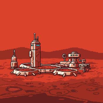Pixelated Martian Colony with Futuristic Structures and Landing Pads. vector