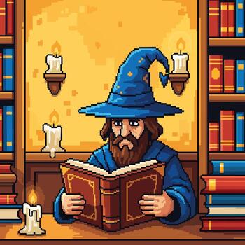 Pixel Art Wizard Reading Ancient Book in Library. vector