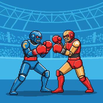 Pixelated Robots Boxing in a Futuristic Arena. vector