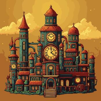 Intricate Pixel Art Steampunk Clockwork Castle with Multiple Towers. vector