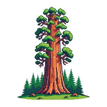 Pixel Art Giant Sequoia Tree in Forest Setting. vector