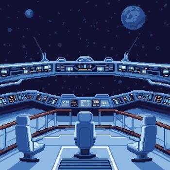 Pixel Art Spaceship Bridge with Control Panels and Seats. vector