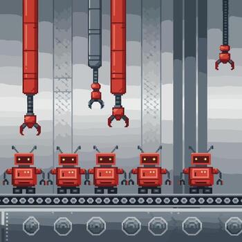 Pixel Art Red Robots on Factory Assembly Line with Robotic Arms. vector