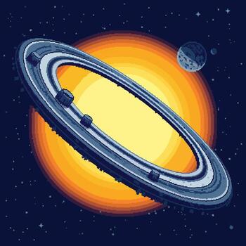 Pixelated Saturn-like Planet with Rings and Moon in Space. vector
