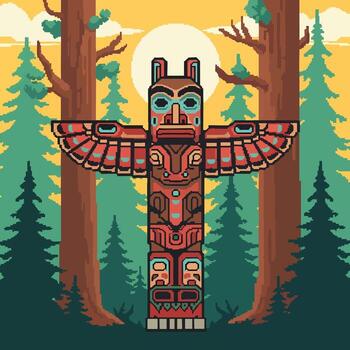 Pixelated Totem Pole in a Forest Setting. vector