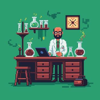 Pixel art scientist with a beard and glasses working at a desk in a retro laboratory. vector