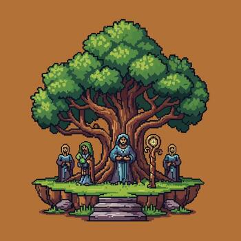 Pixel Art - Mystical Gathering Under a Grand Tree on Floating Island. vector