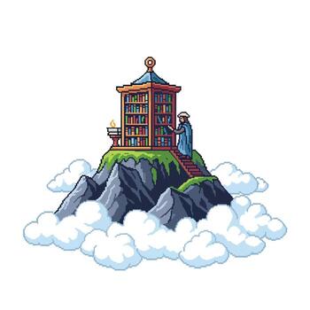 Pixel Art Library on Floating Mountain. vector
