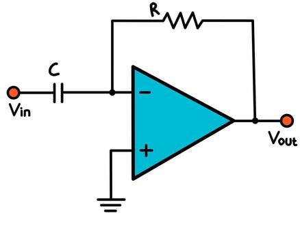 Op-Amp Integrator Circuit Diagram with Resistor and Capacitor Components vector