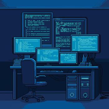 píxel Arte hackers escritorio con múltiple brillante azul monitores vector