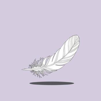 A single white bird feather with a black outline floating above its shadow. vector
