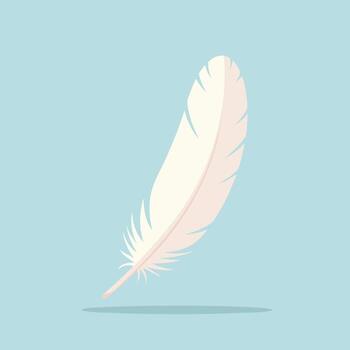 A single delicate white bird feather illustrated in a simple flat style with a soft shadow. vector