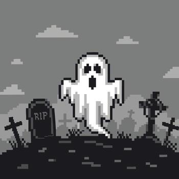 Pixelated Ghost Floating in a Spooky Graveyard Scene. vector
