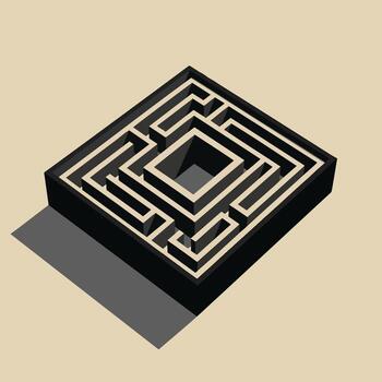 A three-dimensional black square maze with a shadow shown in an isometric perspective. vector