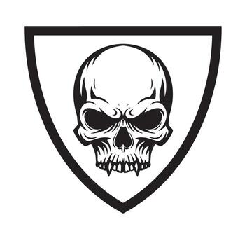 Fierce skull emblem with sharp teeth and menacing eyes within a shield crest gothic vector