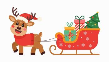 linda Navidad reno tracción Papa Noel trineo con regalos y árbol, festivo fiesta dibujos animados ilustración para invierno, niños, saludo tarjetas, y estacional diseño proyectos vector
