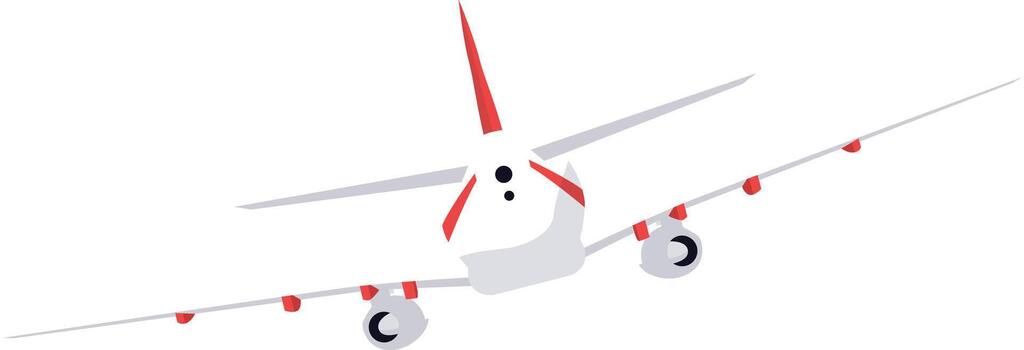 White and red passenger airplane soaring through the sky, viewed from the back, showcasing extended wings against a backdrop of clouds, capturing the essence of air travel and adventure vector