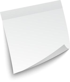White sticky note with adhesive strip and curled corner casting a slight shadow on white background, ideal for showcasing messages, reminders, or ideas vector