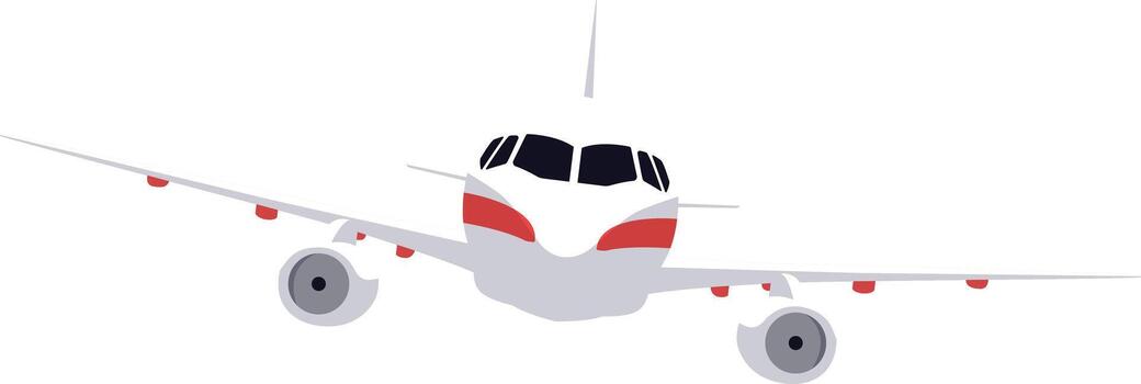 Minimalist illustration depicting a passenger airplane flying in the sky, showcasing a front view with visible wings, cockpit windows, and navigation lights vector