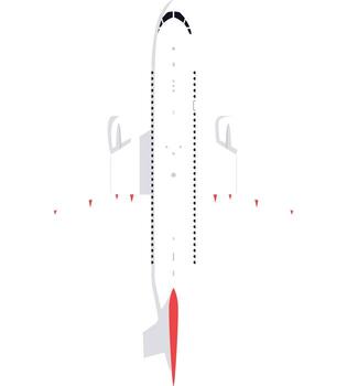 Bottom view of a white passenger airplane soaring high in the sky, showcasing red navigation lights on the wings and tail, emphasizing its flight through the clear atmosphere vector