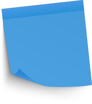 Featuring a blank blue sticky note affixed to a clean white background, showcasing a slightly curled bottom corner that casts a delicate shadow beneath, enhancing its visual appeal vector