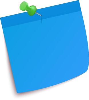 Green push pin holding a blue sticky note paper on white background, creating a simple yet effective visual for reminders, notes, or messages vector