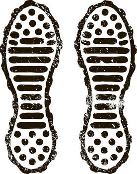 Grunge textured shoe print featuring distinct lines and dots illustrates the walking direction, isolated against a clean white background, evoking themes of adventure and exploration vector