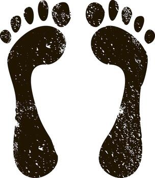 Grunge textured human footprints showing walking direction are isolated on white background, creating a simple yet evocative image suitable for various design purposes vector
