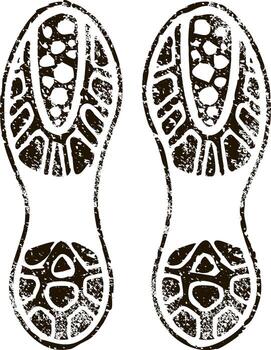 Black grunge print of sneakers moving forward, leaving distinct footprints on a white background, capturing the essence of walking, running, and the pursuit of progress vector