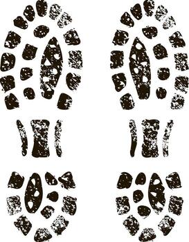 Two distinct grunge hiking boot footprints are visible, suggesting a journey or path taken, possibly symbolizing exploration, adventure, or progress vector