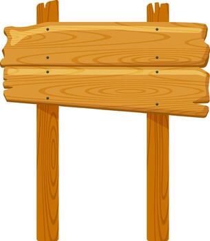 Wooden sign crafted from two planks and supported by two poles, featuring visible wood grain and nails. Perfect for displaying custom text, symbols, or messages vector