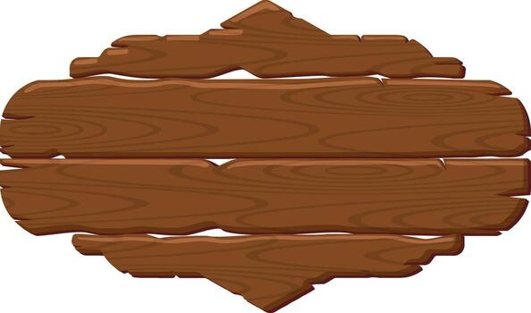 Wooden sign made of four brown planks forming an oval shape with irregular borders and a diamond shaped piece of wood on top. Isolated on a white background. Perfect for adding custom text or designs vector