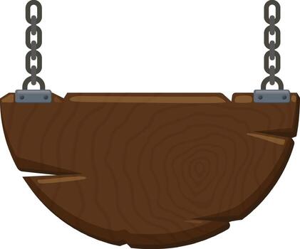 Wooden sign hanging from metal chains, featuring sturdy attachments and set against a clean white background, providing an ideal space for custom text or graphics vector