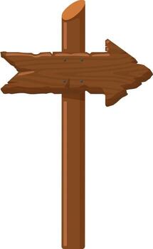 Wooden arrow sign pointing right, mounted on a pole and set against a white background, serving as a clear indicator for direction or path navigation. Perfect for guiding adventures vector