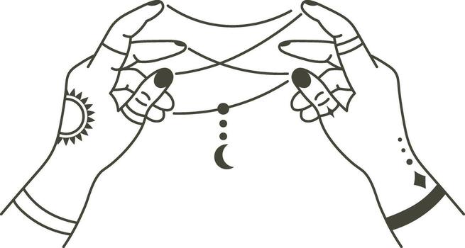 Two hands adorned with sun and moon tattoos intertwining strings to form a cat's cradle figure, symbolizing the connection between celestial opposites and playful creativity vector