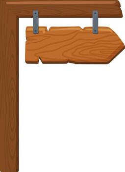 Wooden arrow sign featuring metal brackets, hanging from a rustic wooden post and pointing to the right, set against a clean white background, offering ample copy space for messaging vector