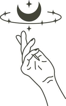 Minimalist line art illustration featuring a hand snapping fingers beneath a crescent moon with orbiting stars, symbolizing manifestation, dreams, and achieving goals vector