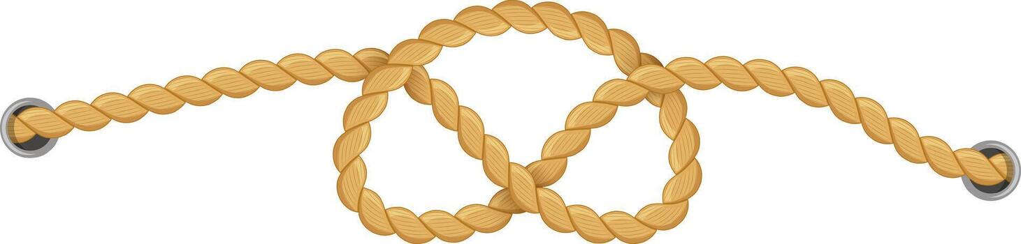 Thick, twisted rope securely tied in a triple knot and fastened to two metal rings, symbolizing strength and connection while evoking nautical themes and maritime adventures vector