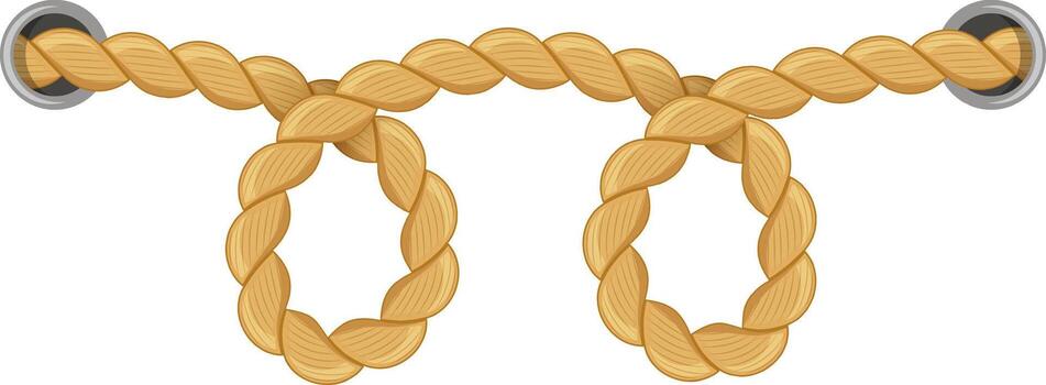 Strong, textured rope stretched between two metal rings creating two distinct loops, isolated on white background, suggesting concepts of connection, strength, and nautical themes vector