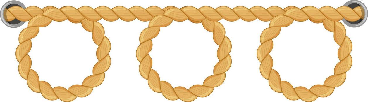 Braided rope forming three circles and attaching to metal rings creates an intricate decorative element, showcasing a blend of texture and design in natural fibers vector