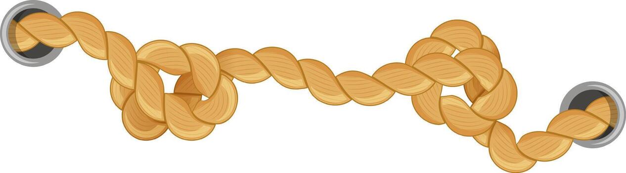 Strong, knotted rope passing through two metal rings, representing concepts of connection, strength, and nautical themes, perfect for projects related to sailing, climbing, or security vector