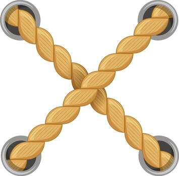 Four ropes are making a cross shape passing through four metal rings, creating a sturdy and decorative element, ideal for nautical or industrial themes vector