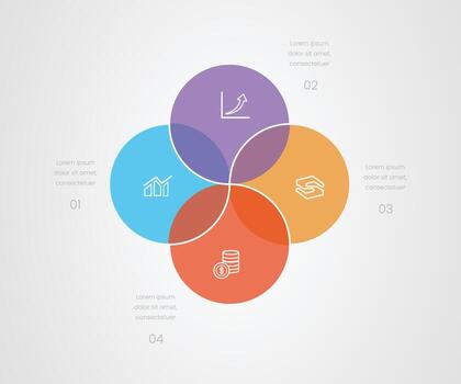 4 overlapping circle colorful shade business infograph with icons vector