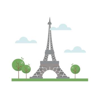Flat Eiffel Tower Illustration with Trees and Clouds, Paris Landmark Icon Design vector