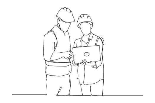 continuo uno línea dibujo de joven arquitecto que se discute construcción diseño con capataz gerente. edificio arquitectura negocio concepto. vector