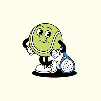 Cheerful Paddle Ball with Blue Racket in Retro Vintage Mascot Character with gloved hand and foot, rubber hose cartoon style. Leaning with a paddle racket. vector