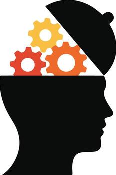 silueta cabeza con engranajes emergente desde abierto cerebro tapa vector
